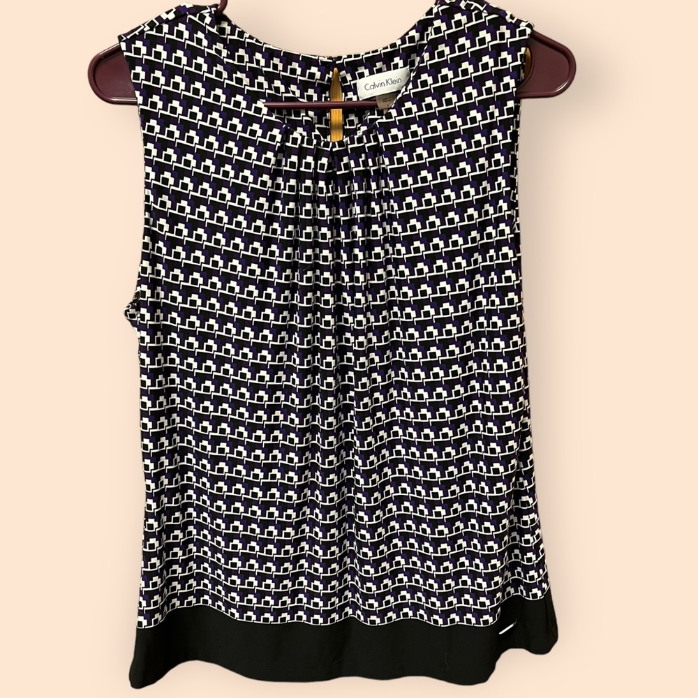 Calvin Klein, Sleeveless Geometric Blouse, Purple and Black, Large, Women's